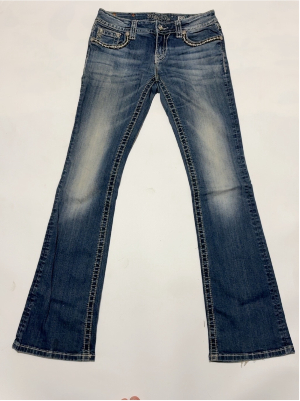 Women's Miss Me Boot Cut Jeans Size 28 Blue Silver Embellished